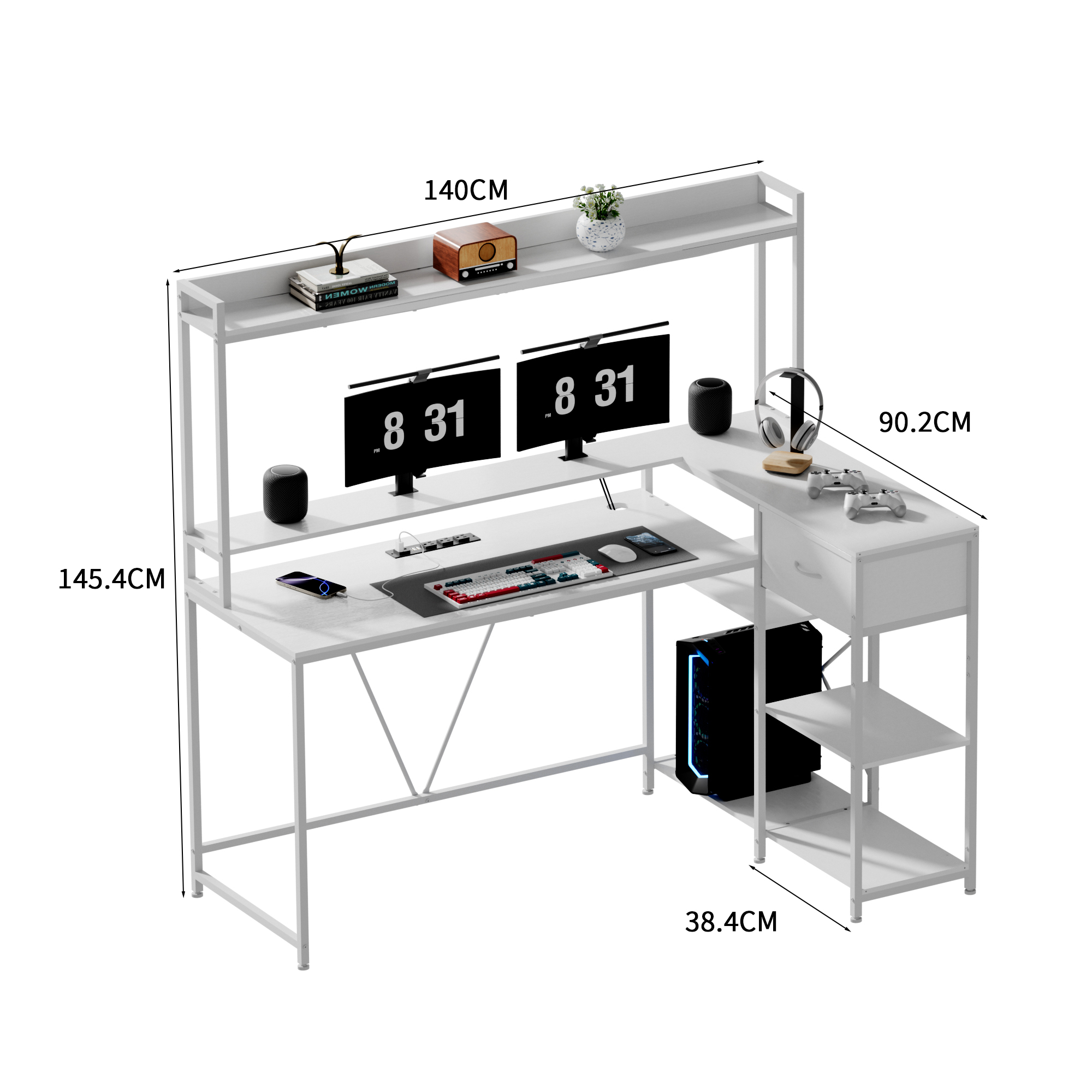 L-Shaped na Computer Desk na may mga Drawer at Imbakan