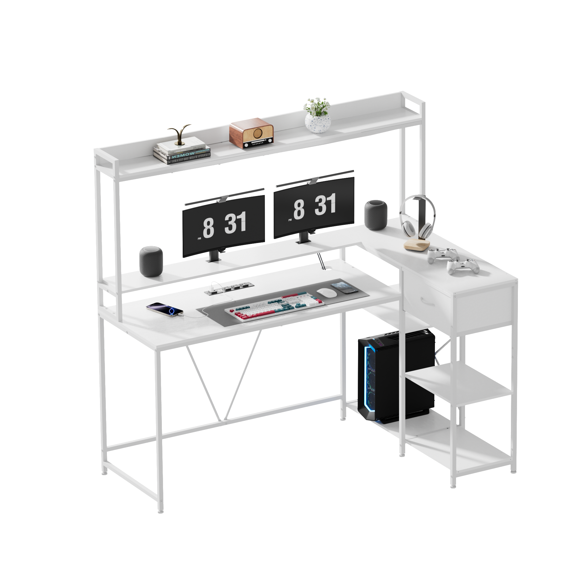 L-Shaped na Computer Desk na may mga Drawer at Imbakan