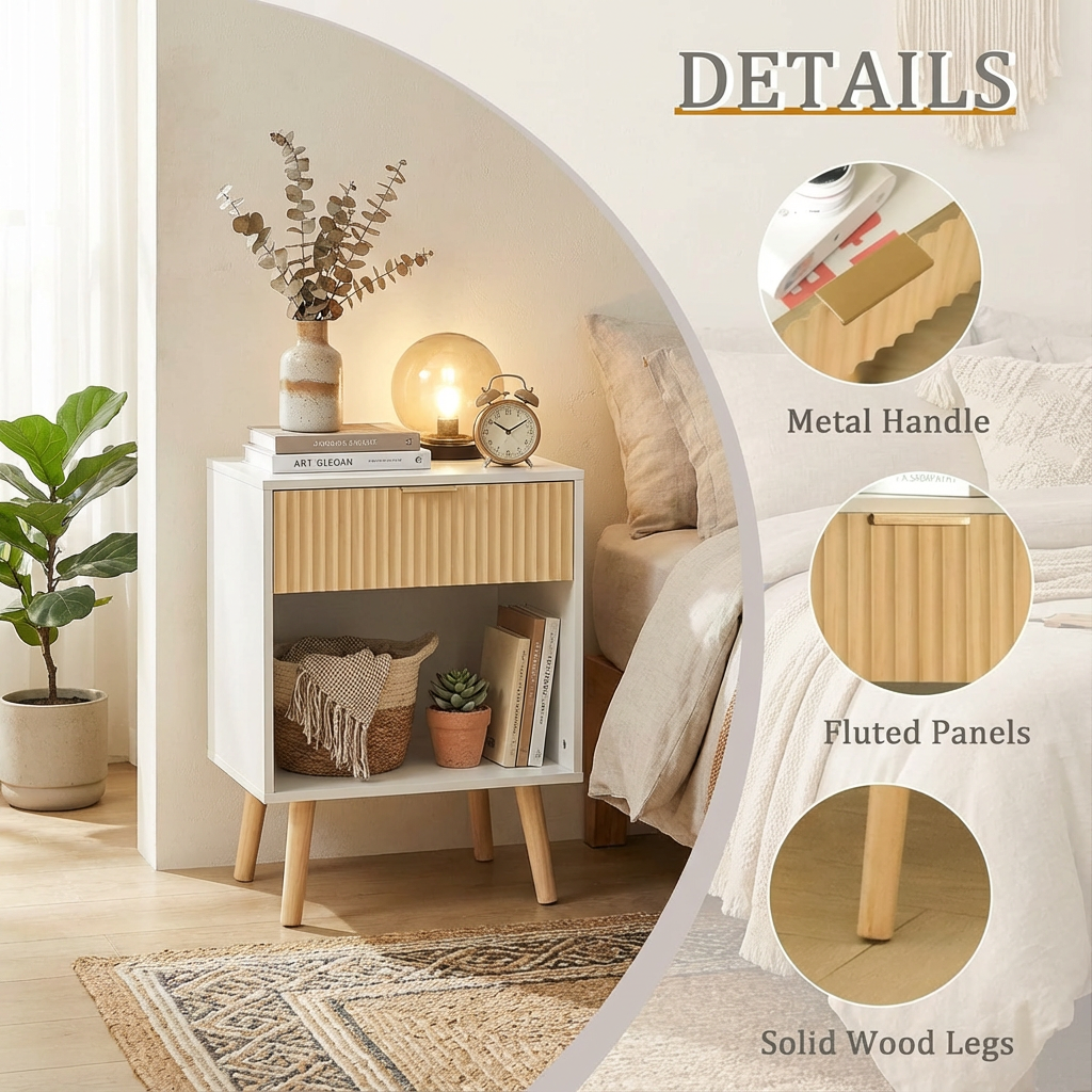 Mesita de noche moderna con dos cajones y acabado de madera