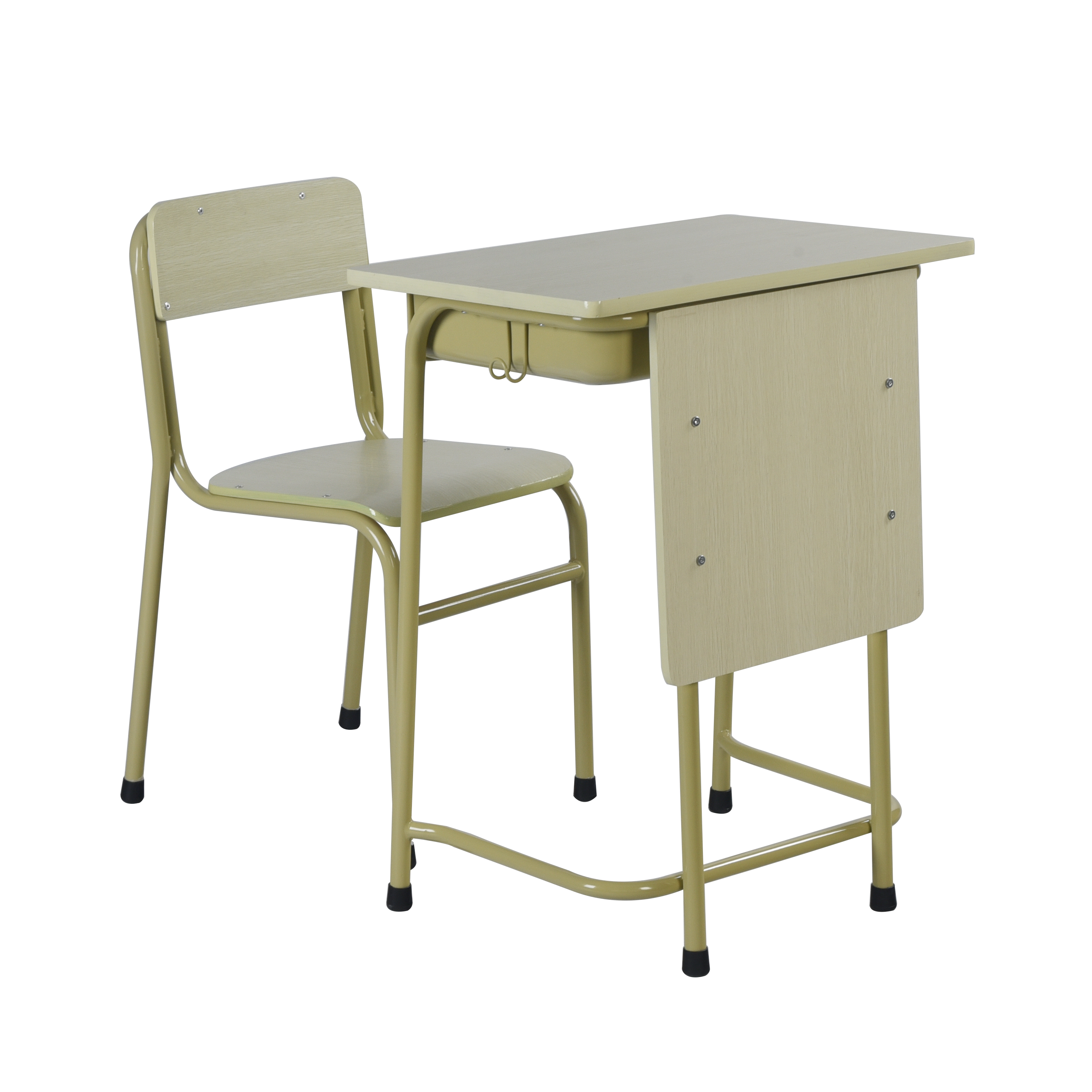 Set moderno di scrivania e sedia per studenti con struttura in acciaio.