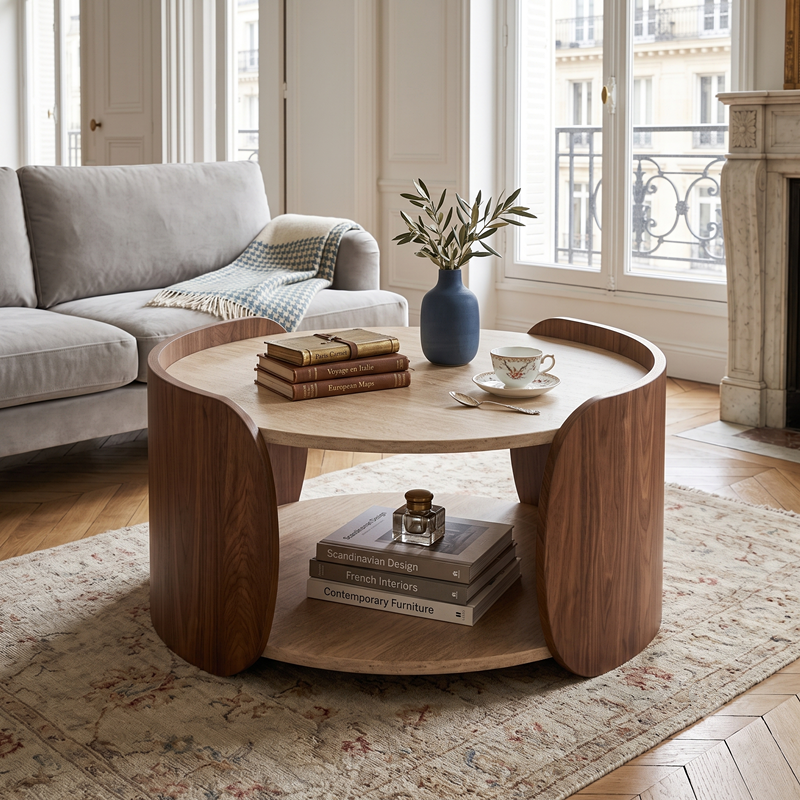 Minimalist Round Wood Coffee Table with Two-Tier Storage