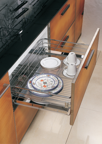 Pull-out Wire Dish Baskets On Four Sides Of Kitchen Cabinets