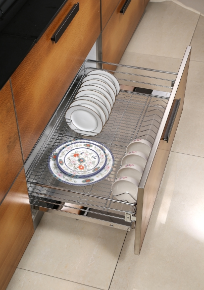 Pull-out Wire Dish Baskets On Four Sides Of Kitchen Cabinets