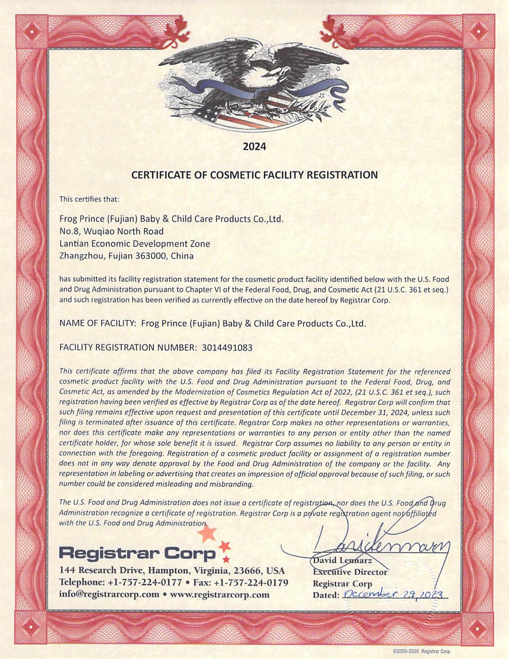 Cosmetic Registration Certificate