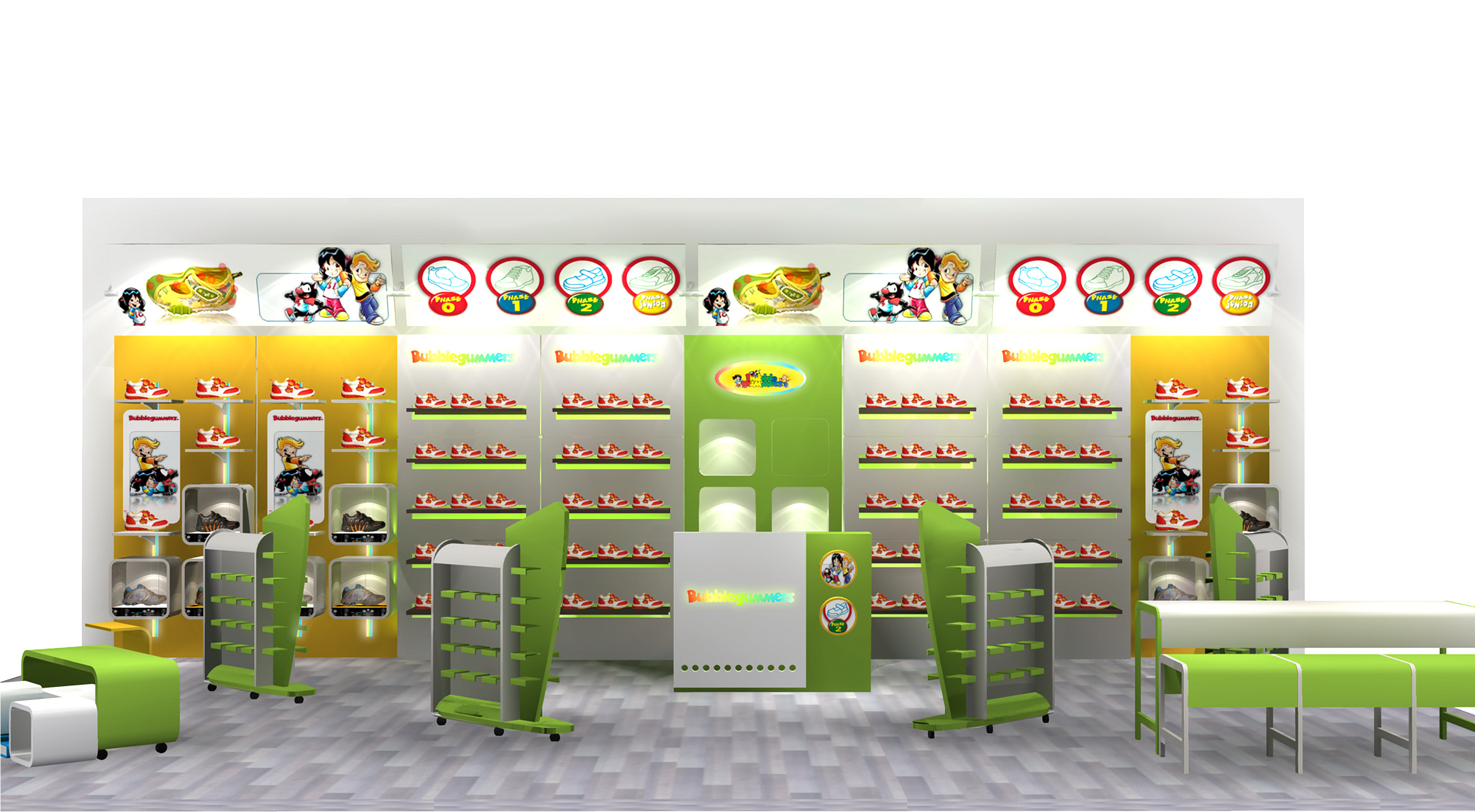 Wall-mounted retail shoe display cabinets for children's shoe stores