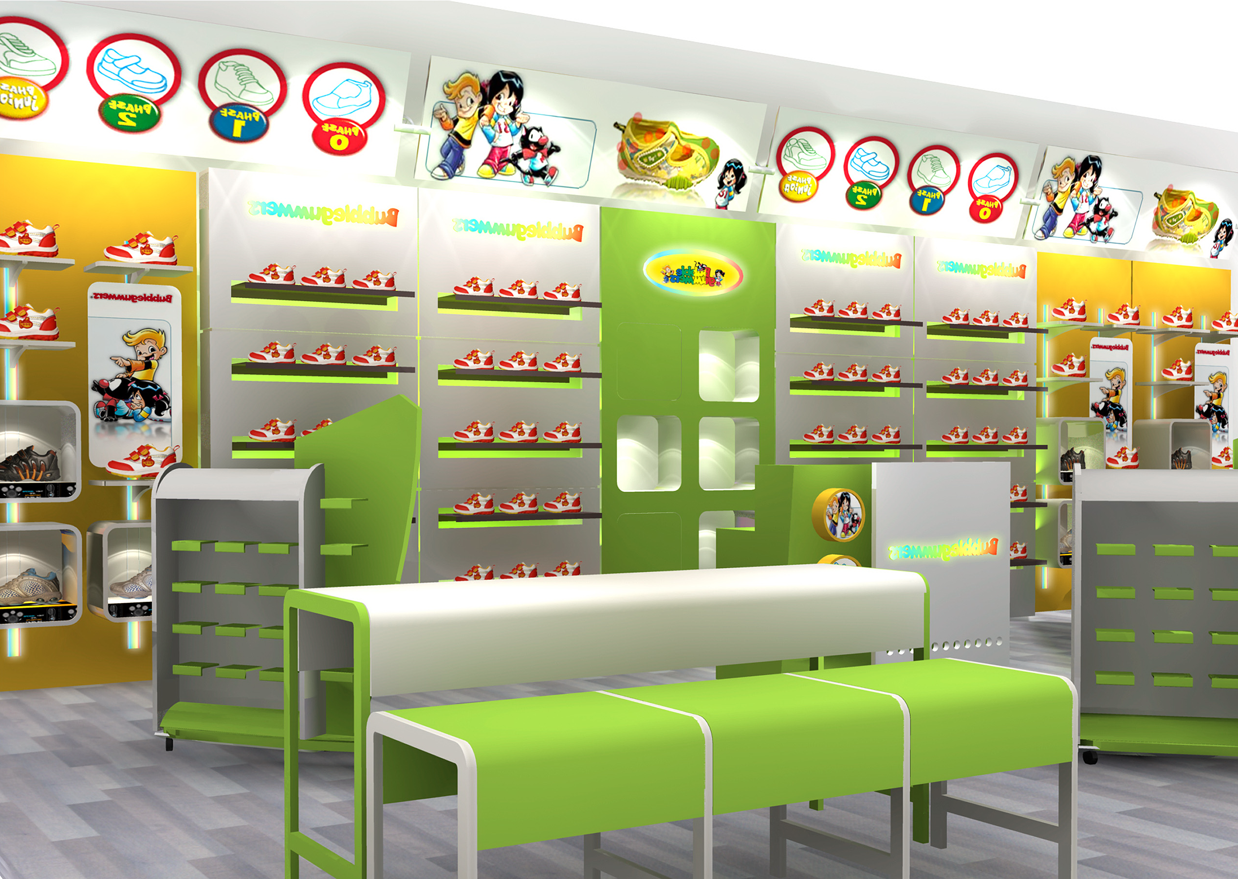 Wall-mounted retail shoe display cabinets for children's shoe stores