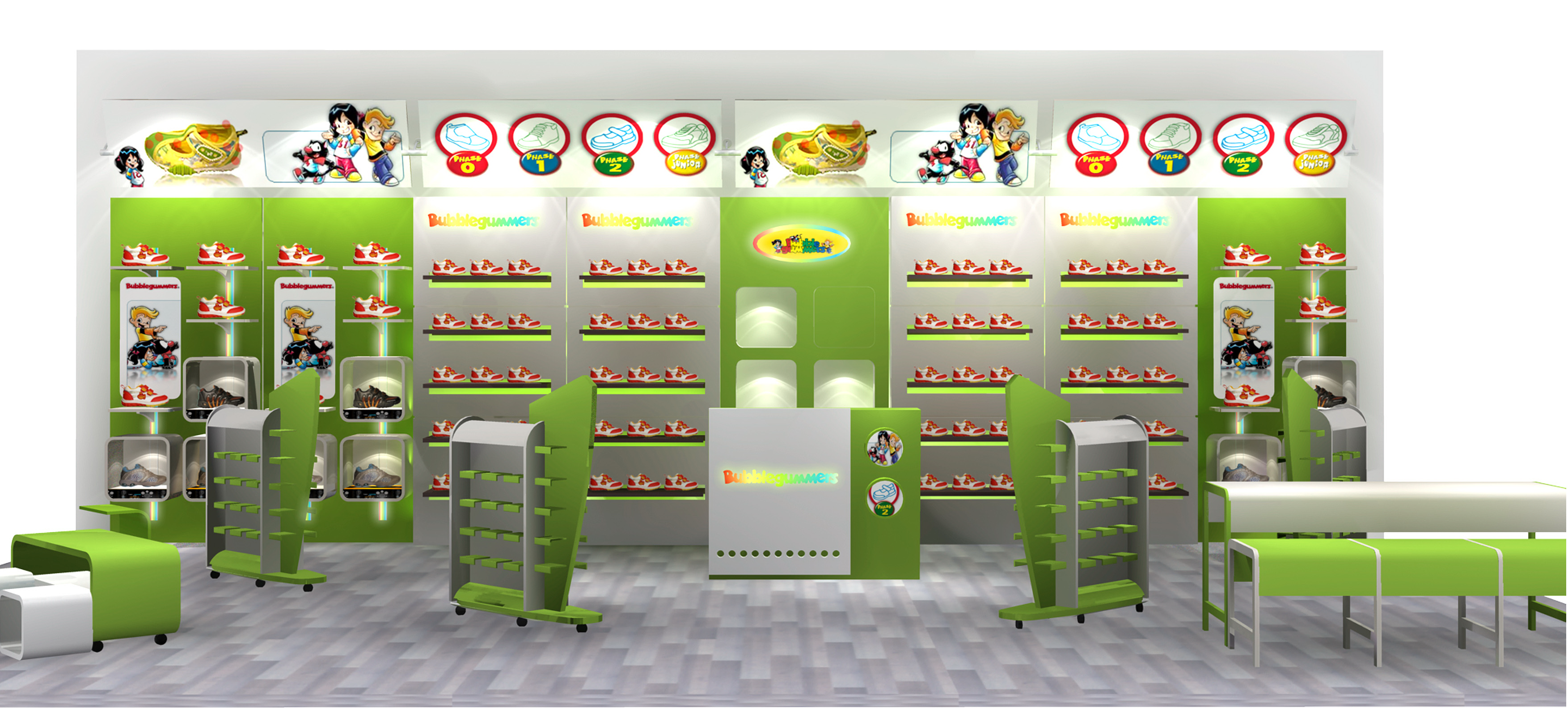 Wall-mounted retail shoe display cabinets for children's shoe stores
