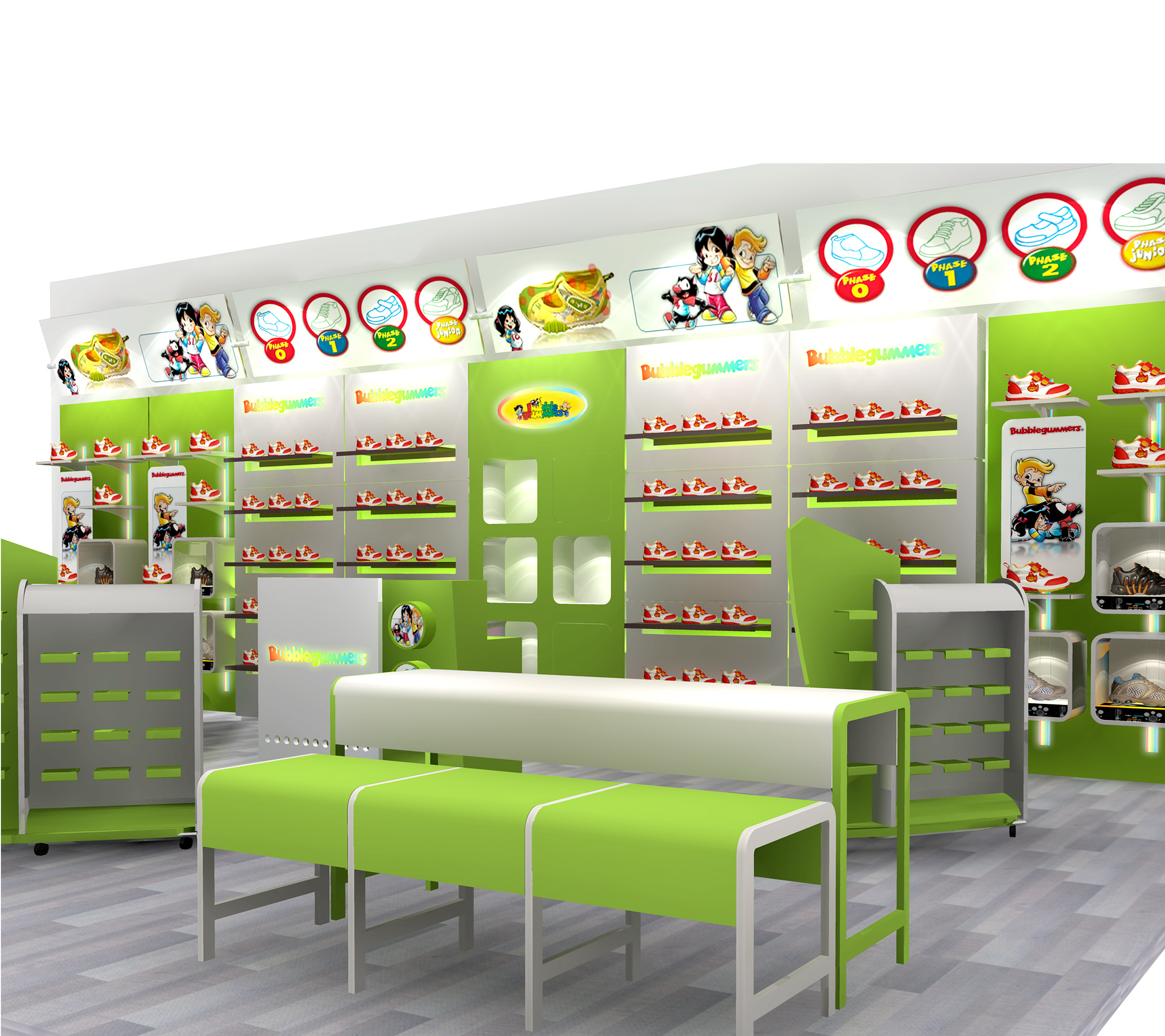 Wall-mounted retail shoe display cabinets for children's shoe stores