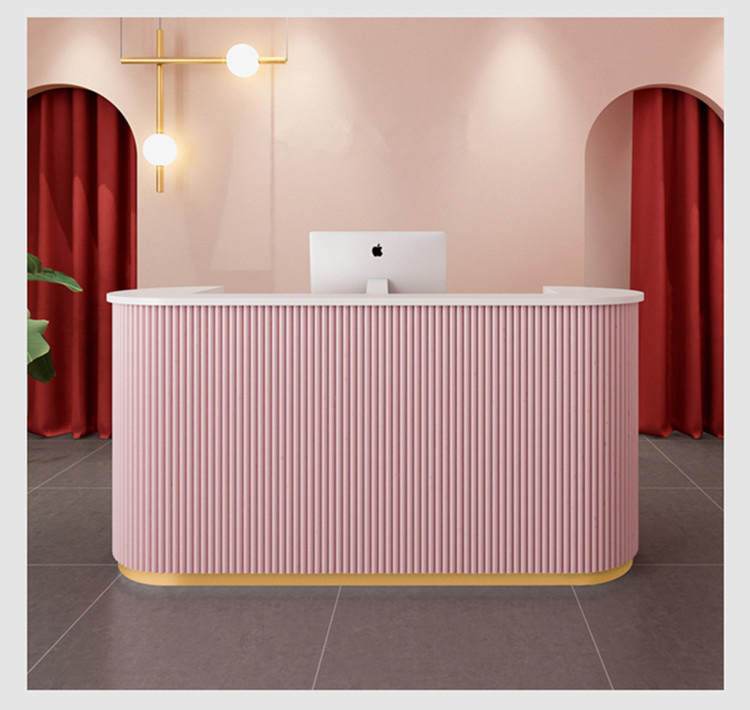 Shop Salon U-Shaped Reception Desk with Storage, Pink Roll-Up Blind