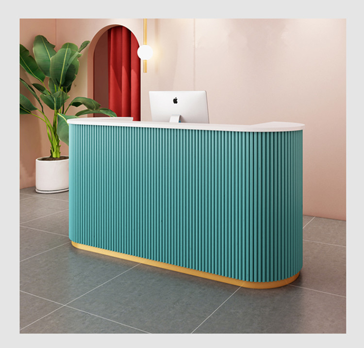 Shop Salon U-Shaped Reception Desk with Storage, Pink Roll-Up Blind
