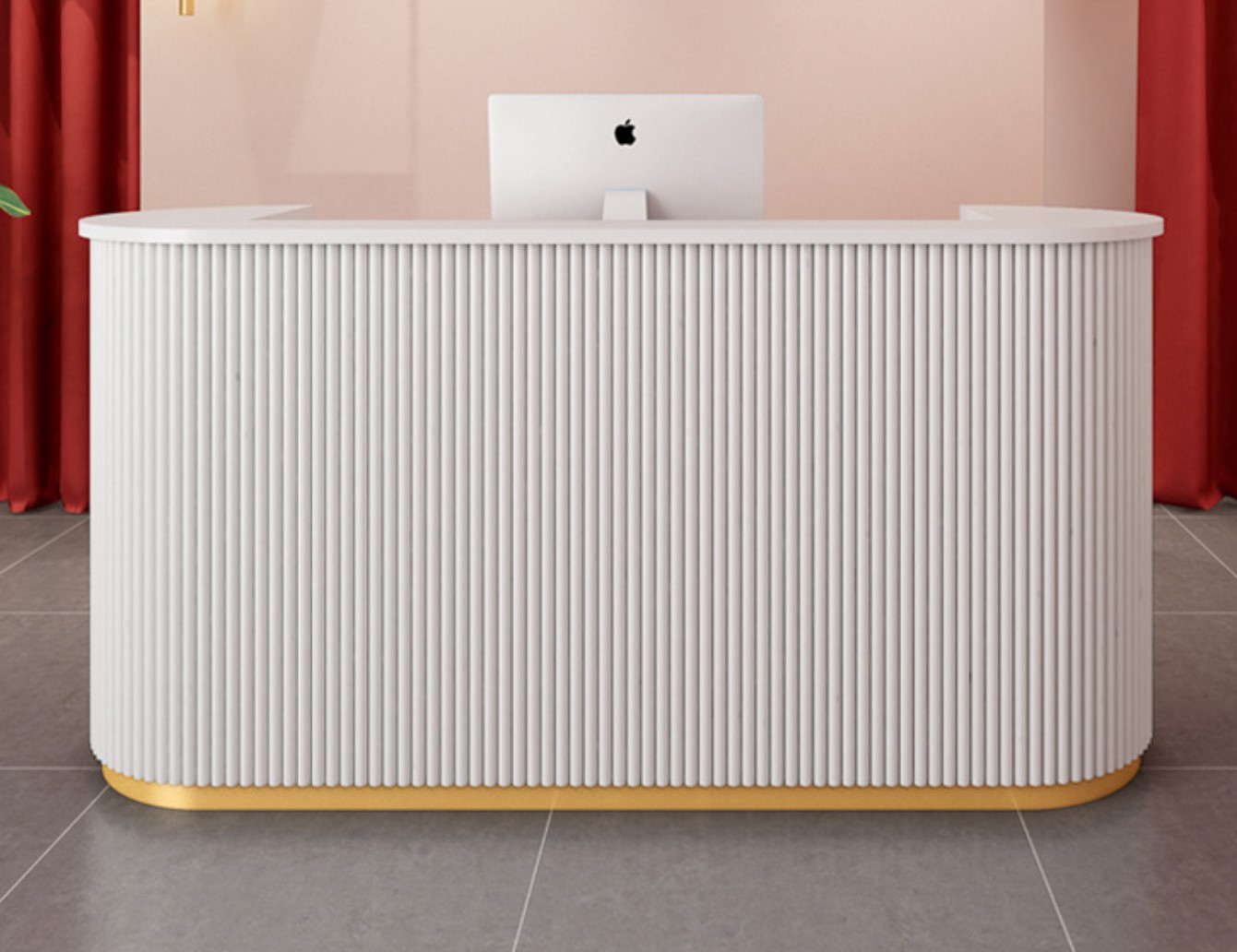 Shop Salon U-Shaped Reception Desk with Storage, Pink Roll-Up Blind