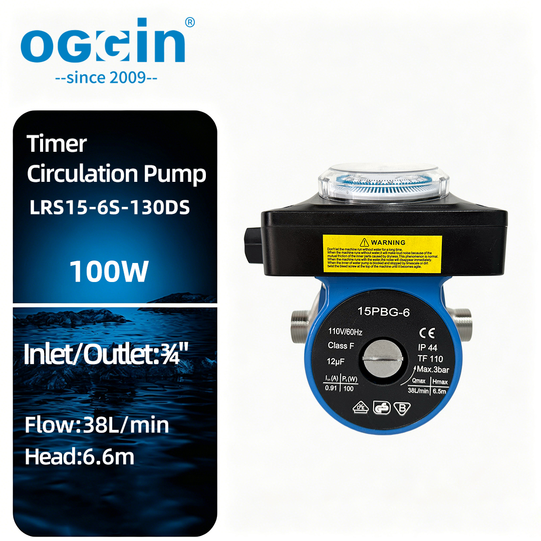 OGGIN LRS15-6-130DS Zeitschaltuhr-Umwälzpumpe 100W Leise 3-stufige Warmwasser-Umwälzpumpe für Fußbodenheizung