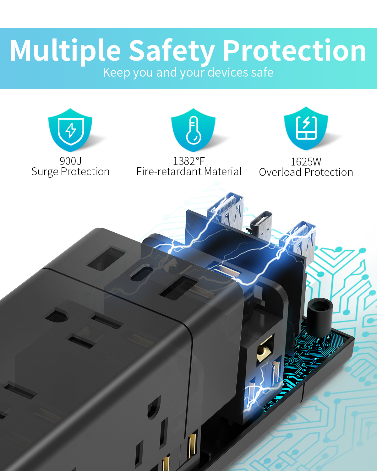 Extension Strip With 12 AC Outlets And 3USB