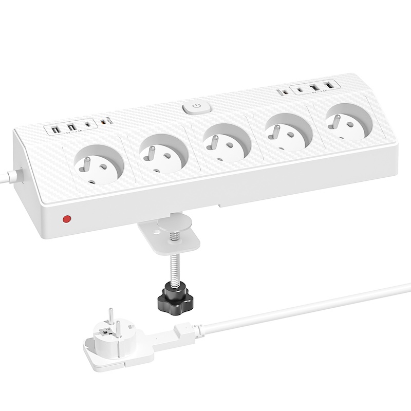 5位E型电源插座，带夹子 | NF CE认证 | 单开关+双USB模块