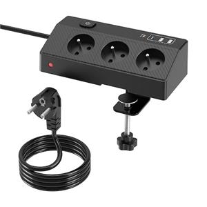 法国黑色桌面多功能插座，3孔E型卡扣式桌面电源条 | 黑色 | NF CE认证 | USB-C PD 20W