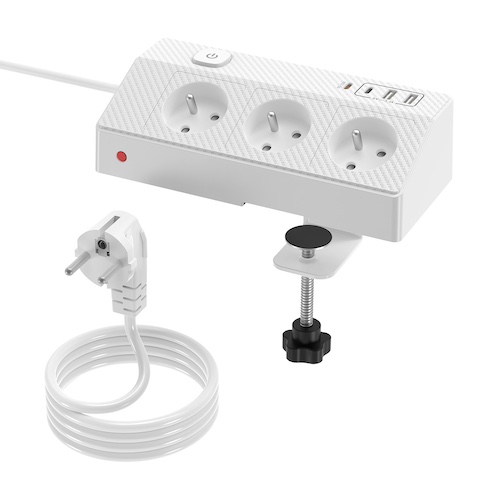 波兰法式白色桌面多功能插座，三孔桌面插座带支架 | E/F 型 | USB-C PD 20W | CE