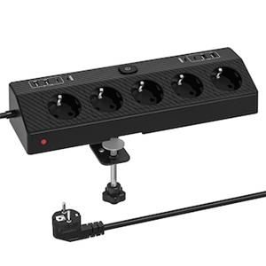 German Black 5 Way Desk Clamp Power Strip with USB Charging | Overload Protection | OEM Supported
