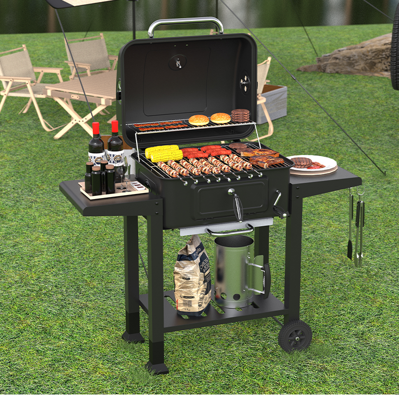 Garden Adjustable Height Charcoal Grill Trolley BBQ