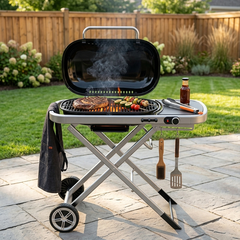 Gas Grill Manufacture Deluxe Folding Gas Grill - 111cm Wide Portable Gas Grill for Camping and Garden BBQ with Side Tray