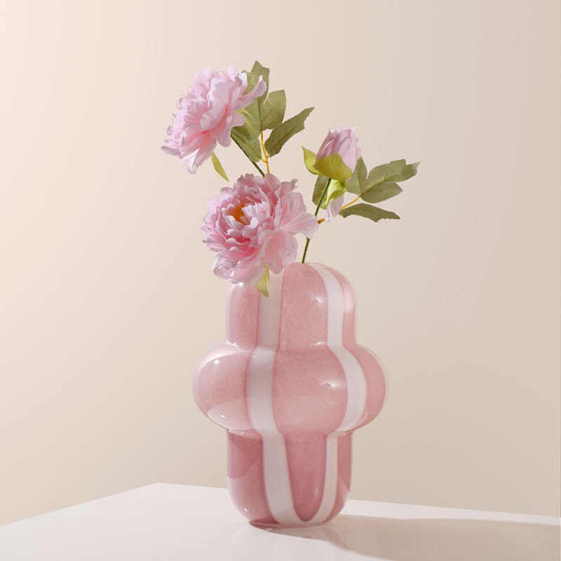 Handmade High Quality Hand Blown Pink Stripe Fat Beauty Murano Glass Vase For Home Decor