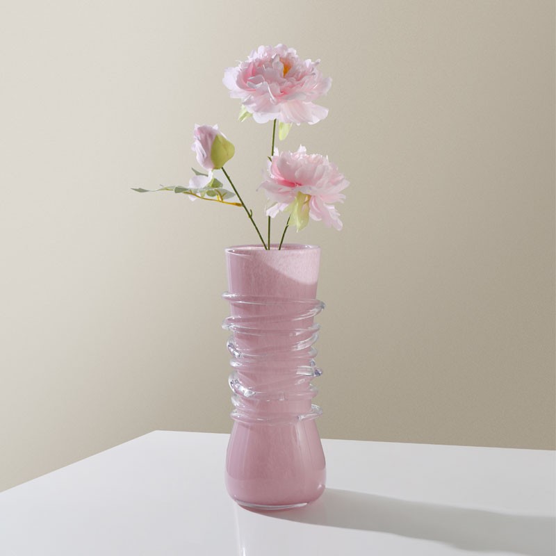 Handmade High Quality Hand Blown slim pink fiber covering Murano Glass Vase For Home Decor