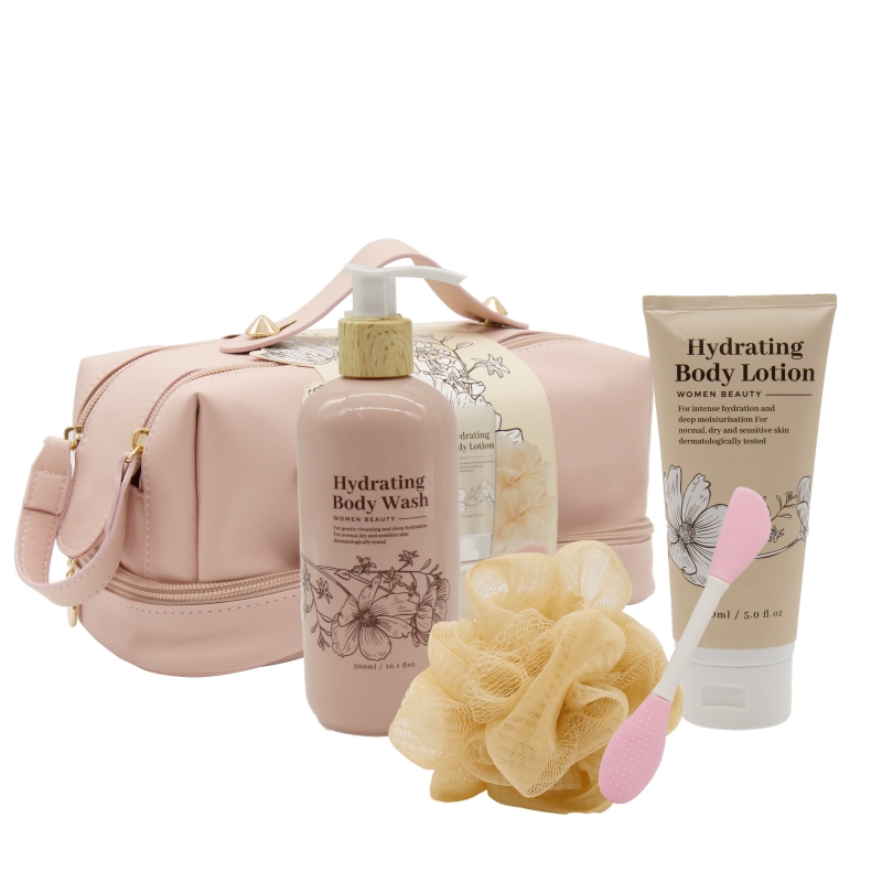 Women Beauty Pink Cosmetic Bag Bath Set With Shower Sponge