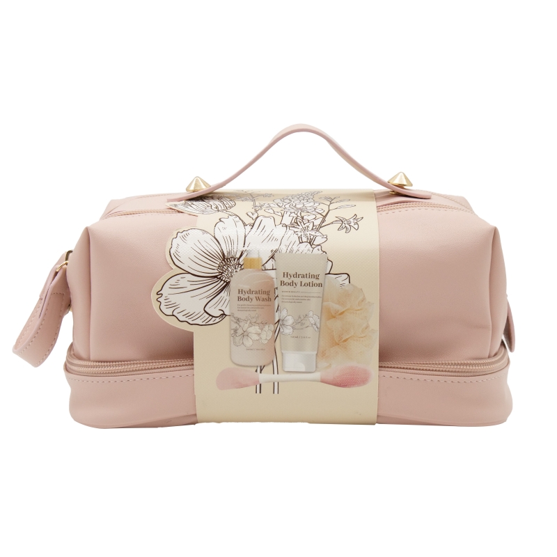 Women Beauty Pink Cosmetic Bag Bath Set With Shower Sponge