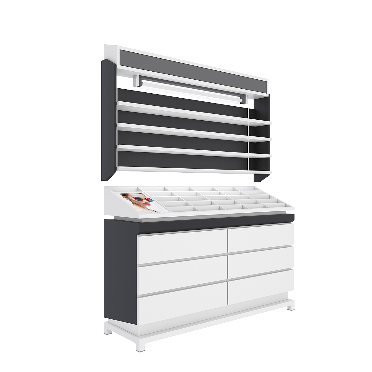 Veggmontert eller benkemontert brilleglassmontre med lås