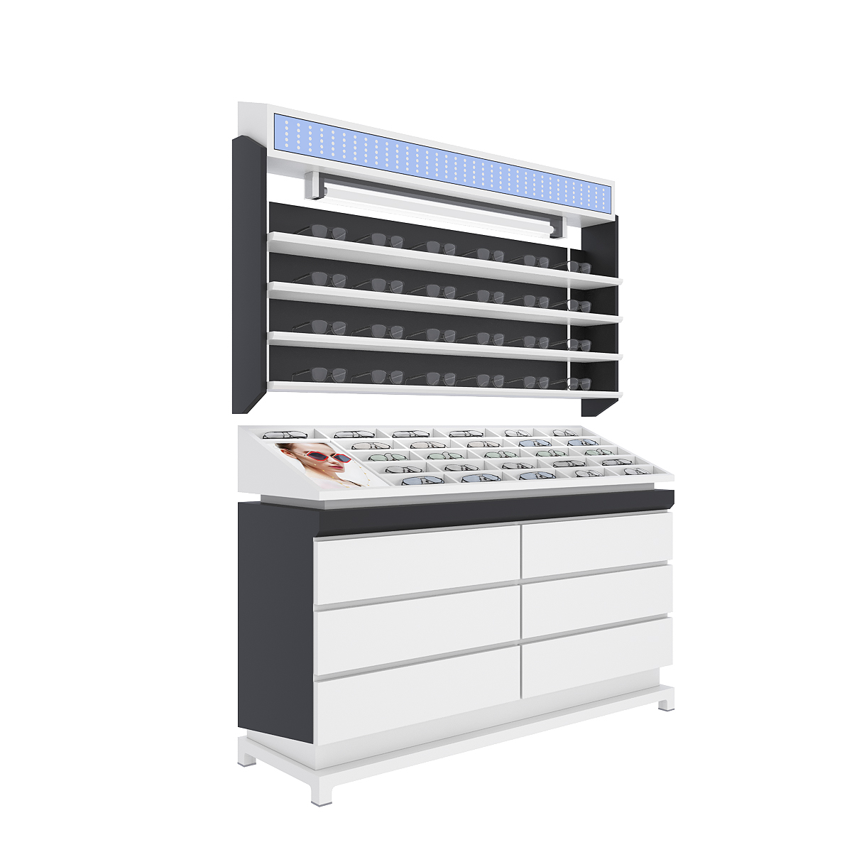 Veggmontert eller benkemontert brilleglassmontre med lås