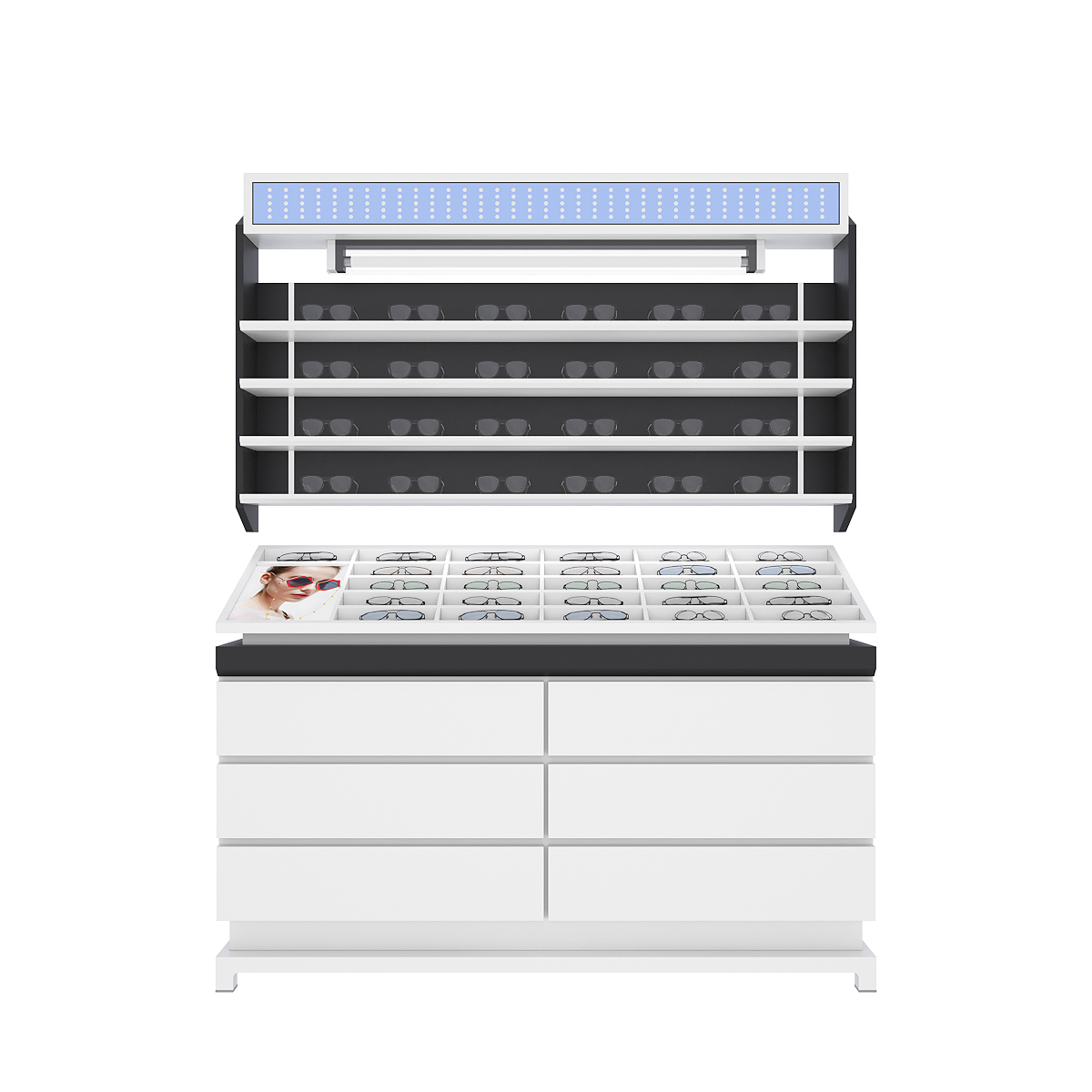 Veggmontert eller benkemontert brilleglassmontre med lås