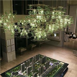 Large Hotel Artistic Lobby Combined Green Glass Ball Lamp Chandelier