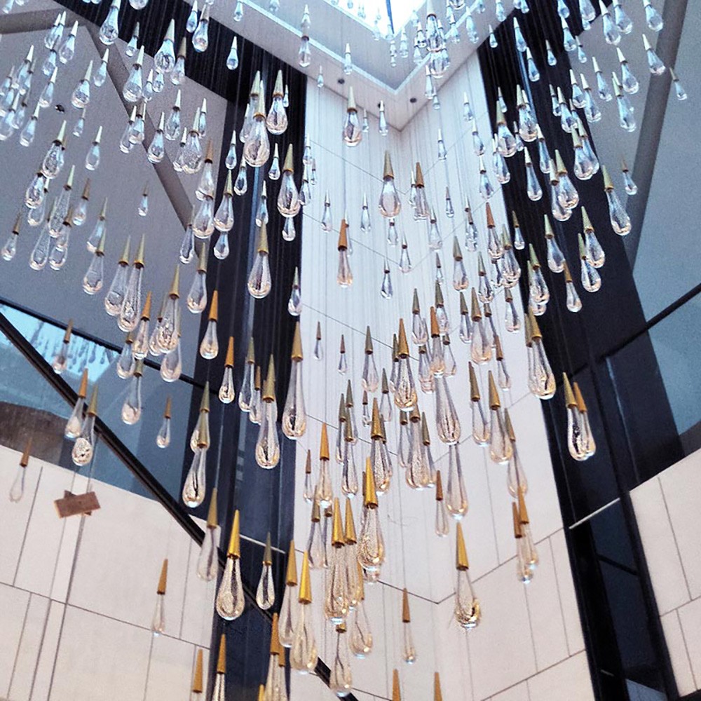 Hot Selling Rain Drop Big Size Glass Chandeliers Hanging Pendant Lights for Stair High Ceiling