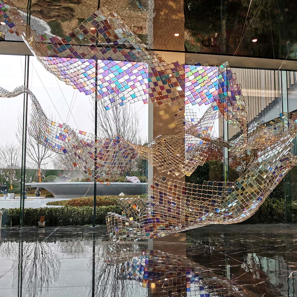 Hotel shopping mall atrium color ribbon art design installation hall large lamps