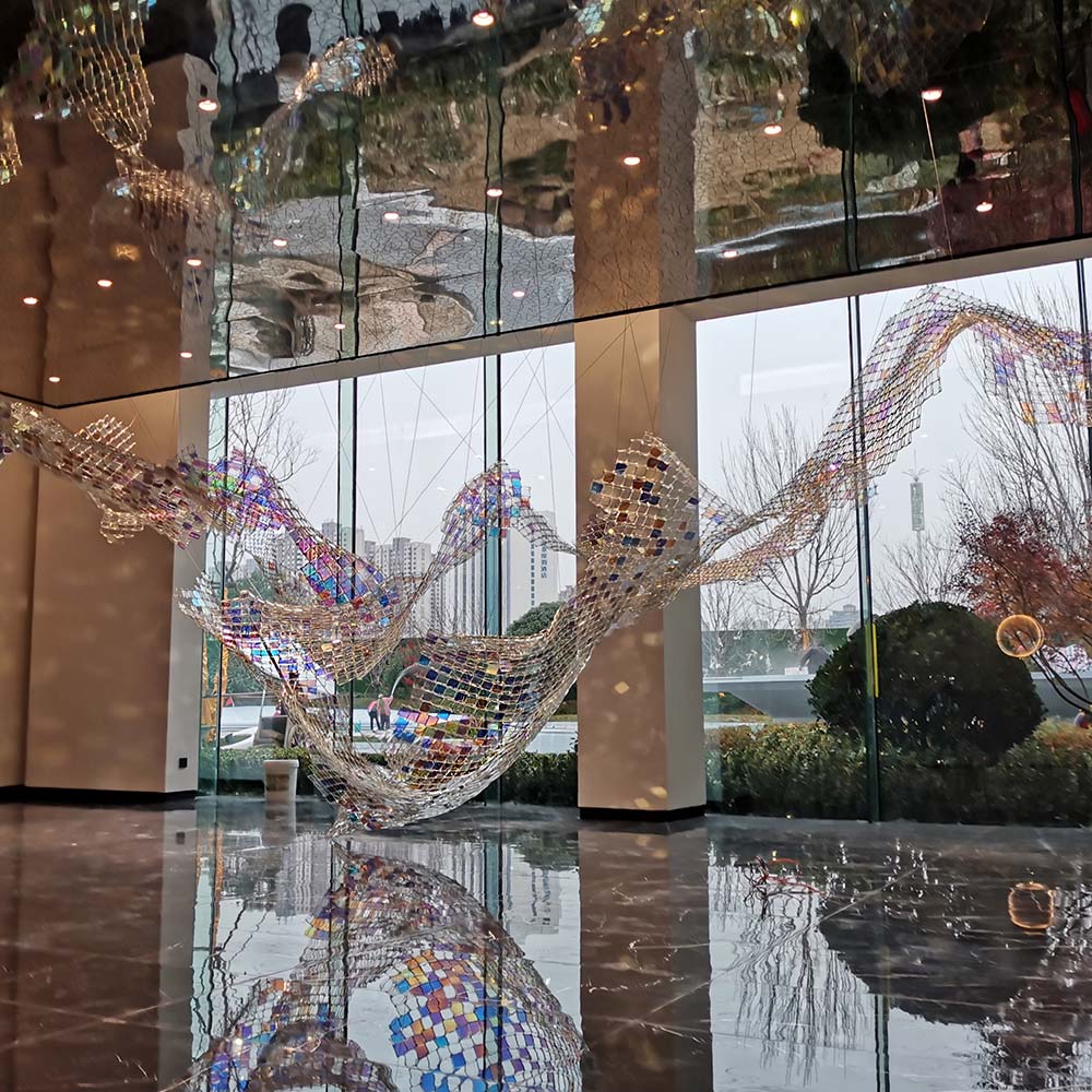 Hotel shopping mall atrium color ribbon art design installation hall large lamps