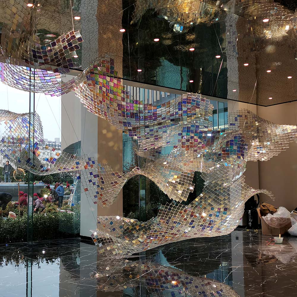 Hotel shopping mall atrium color ribbon art design installation hall large lamps