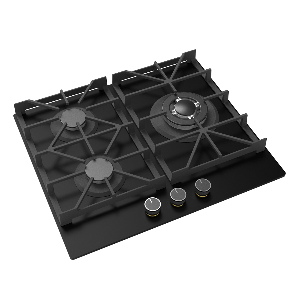 Citin 8mm Black Tempered Glass Integrated Cast Iron Pan Support 3 Burners Built-in Gas Hob JZTY-60B38-3EY