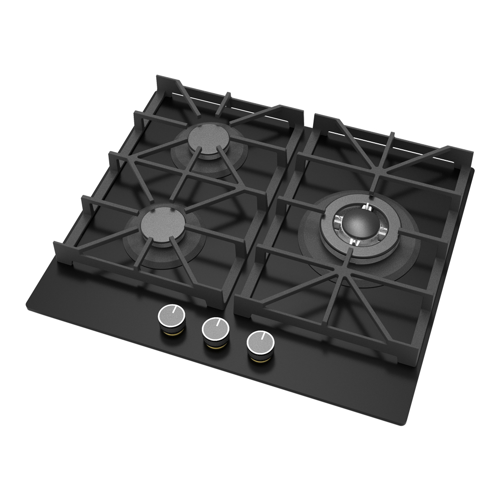 Citin 8mm Black Tempered Glass Integrated Cast Iron Pan Support 3 Burners Built-in Gas Hob JZTY-60B38-3EY