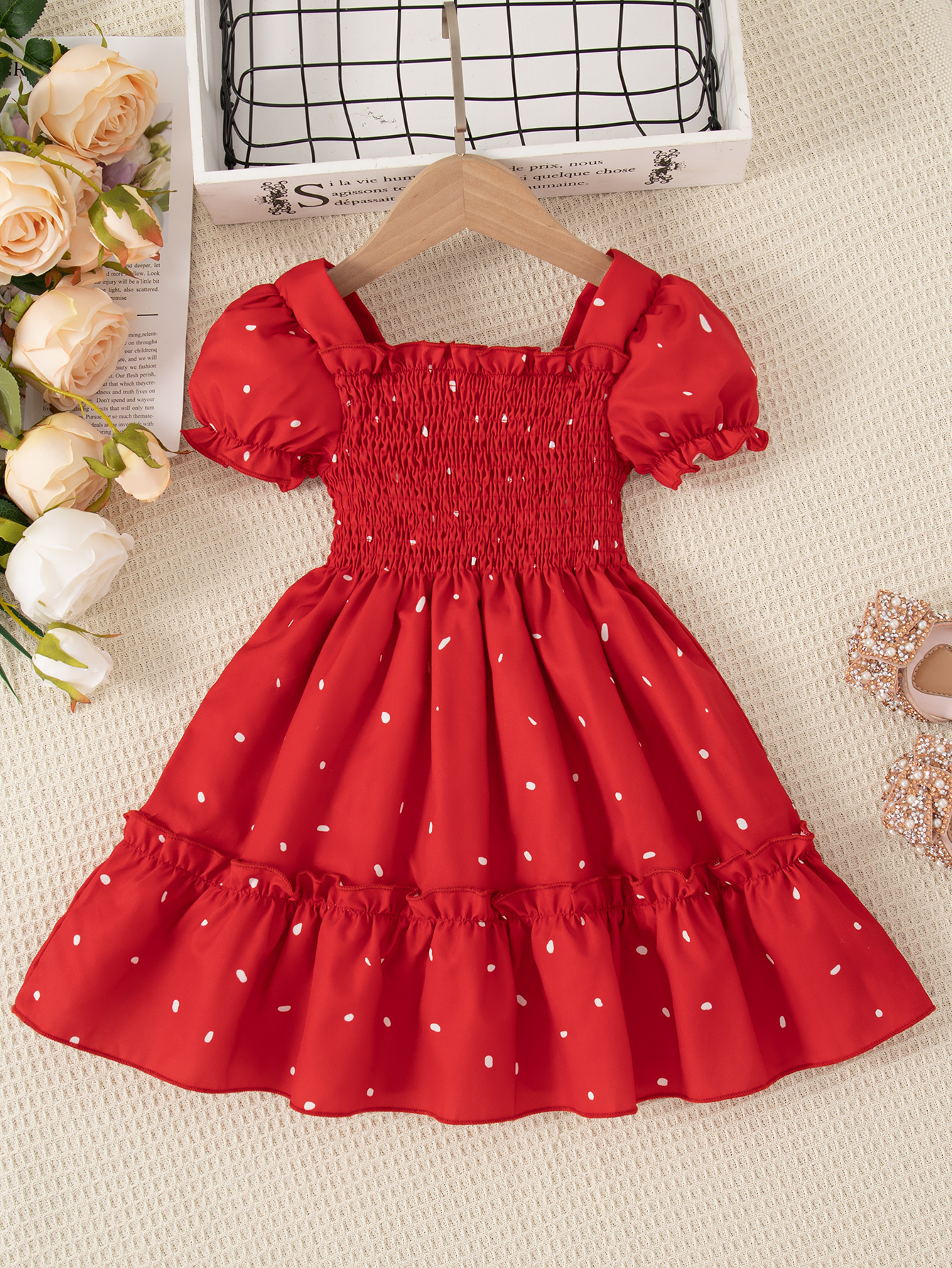 Girls' Red Casual Dresses Ruffle Short Sleeve Polka Dots