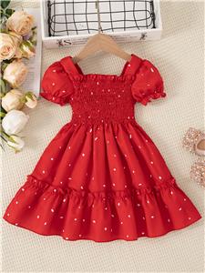 Girls' Red Casual Dresses Ruffle Short Sleeve Polka Dots