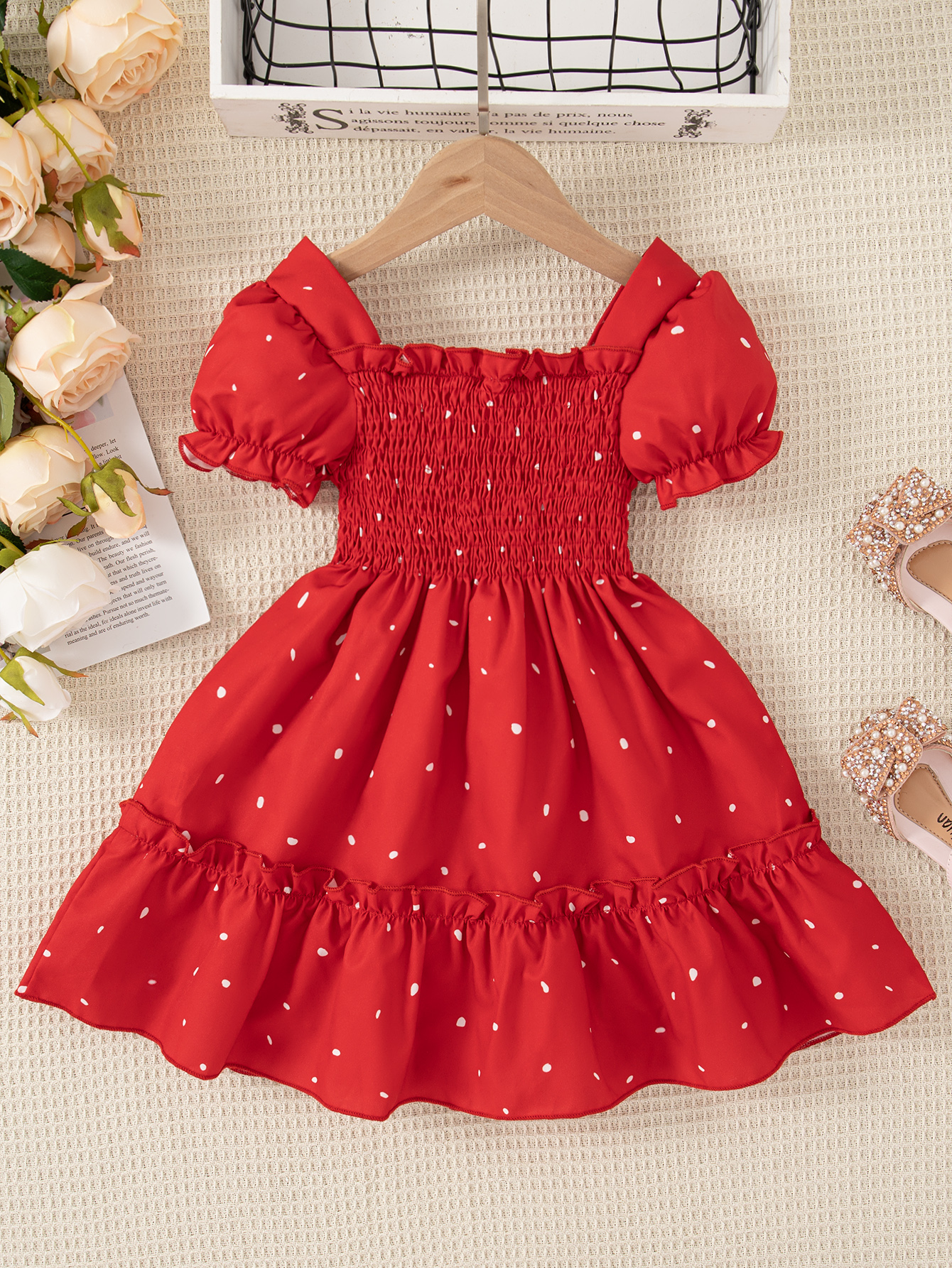 Girls' Red Casual Dresses Ruffle Short Sleeve Polka Dots