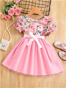 Little Girls Short Sleeves Casual Dresses Pink