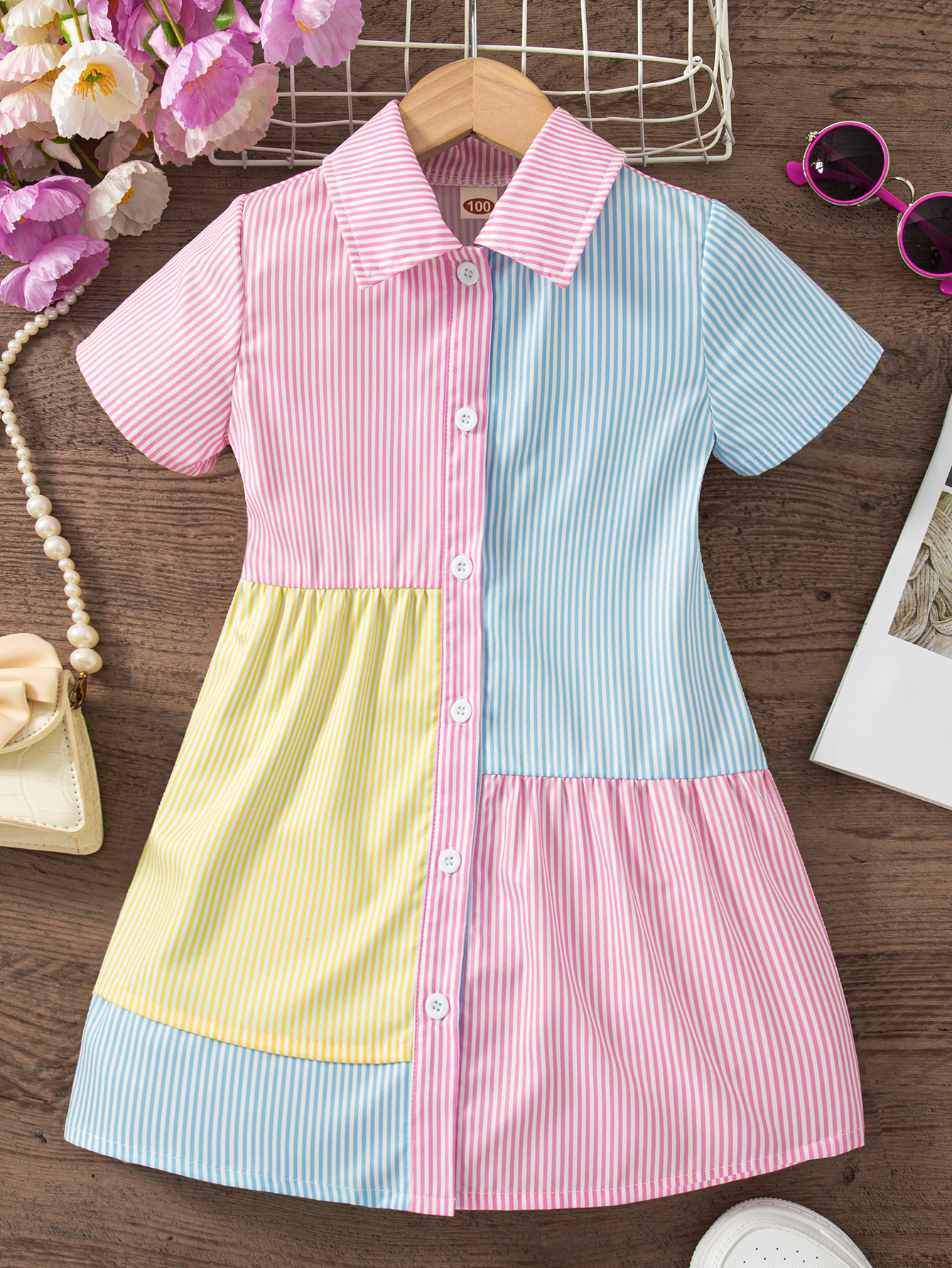 Girl's Shirt Dress Striped Color Block Button Down Dress