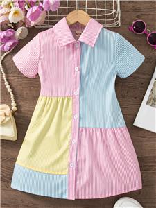 Girl's Shirt Dress Striped Color Block Button Down Dress