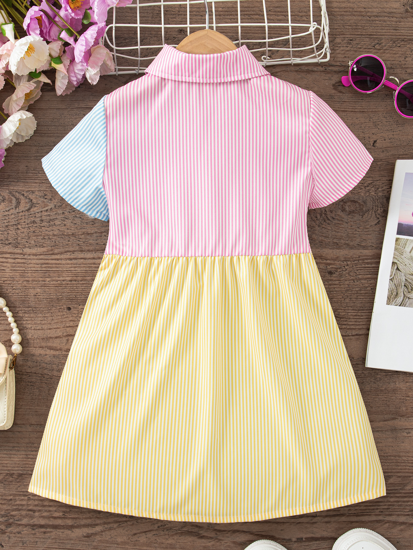 Girl's Shirt Dress Striped Color Block Button Down Dress