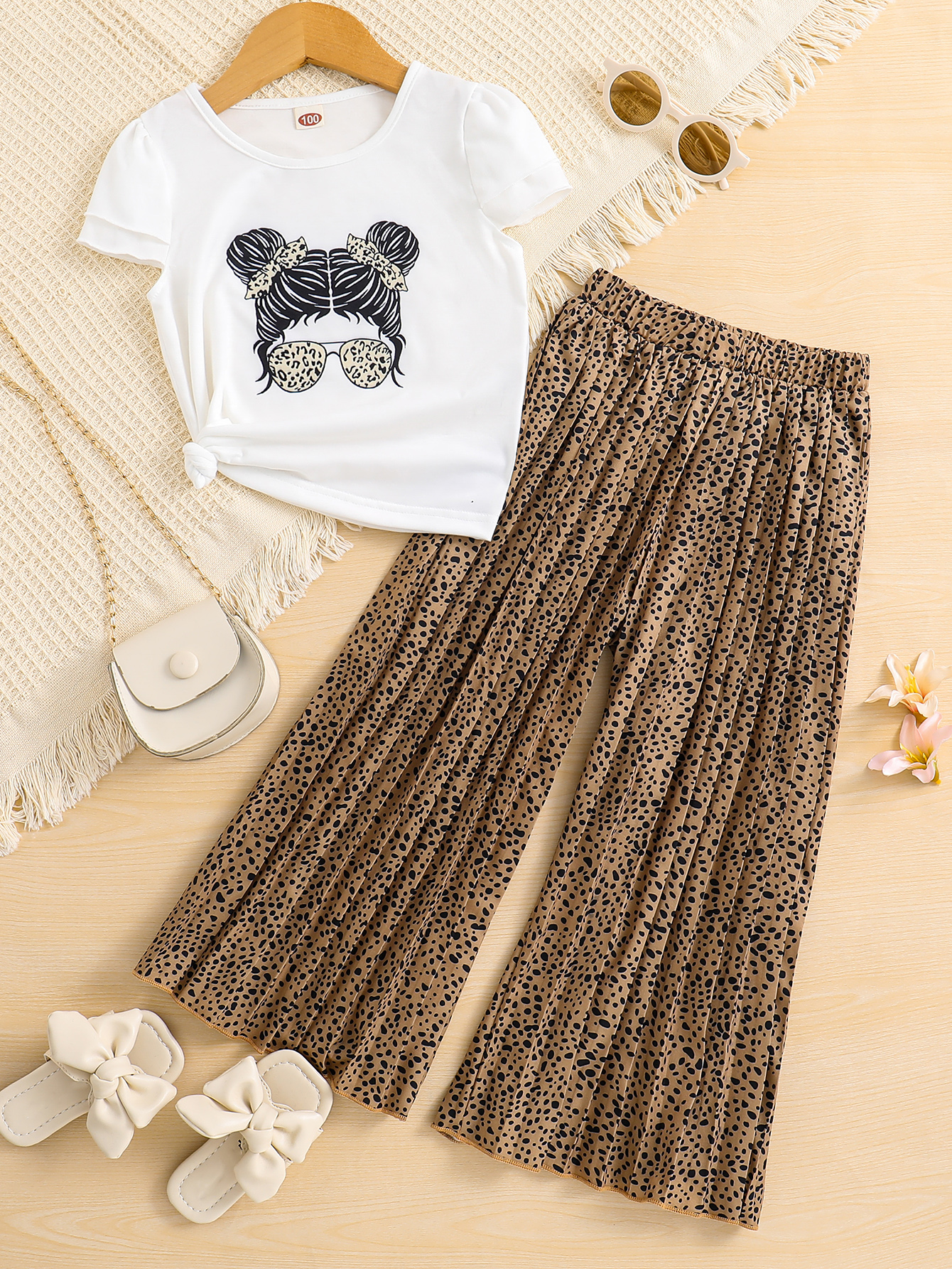 Girls White Top and Leopard Print Pleated Pants Set