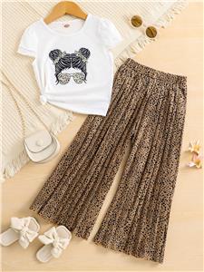 Girls White Top and Leopard Print Pleated Pants Set