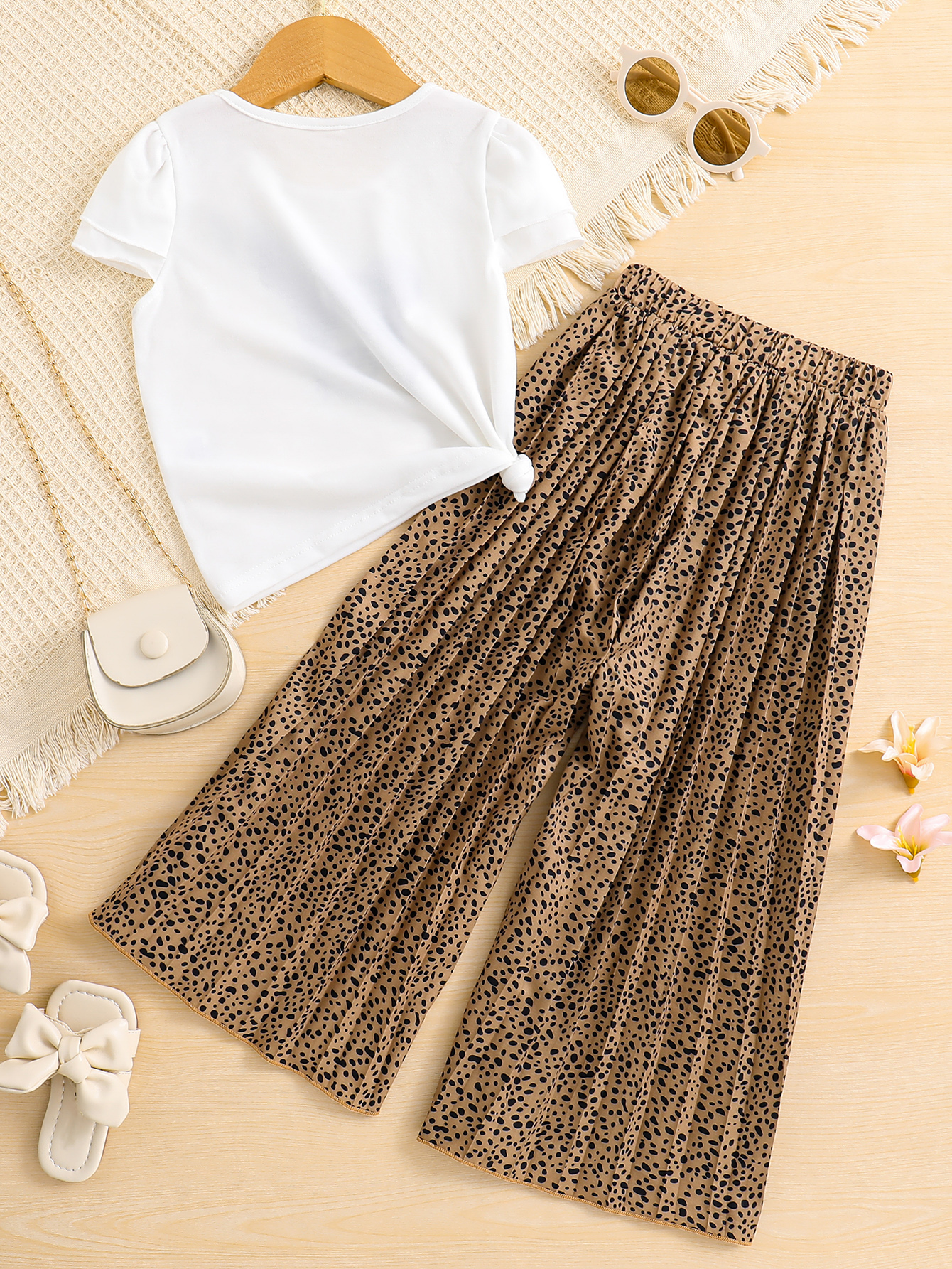 Girls White Top and Leopard Print Pleated Pants Set