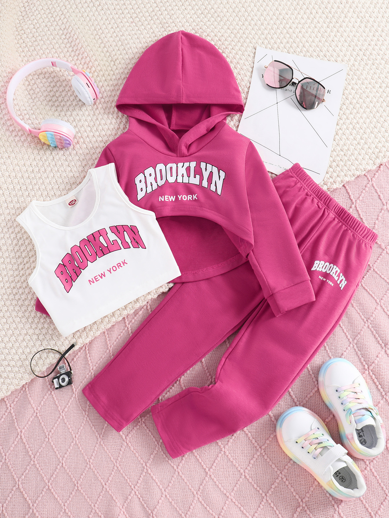 Girls Long Sleeve Hoodie Tank Pants Set Three Piece Outfit