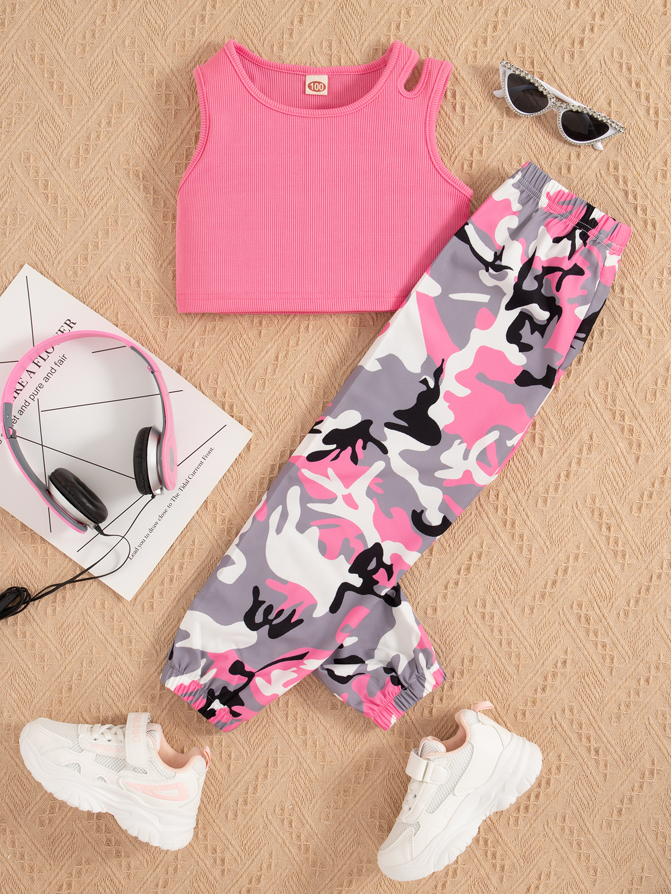 Girl's Summer Outfits Pink Tank Top and Camouflage Crew Pants Sets