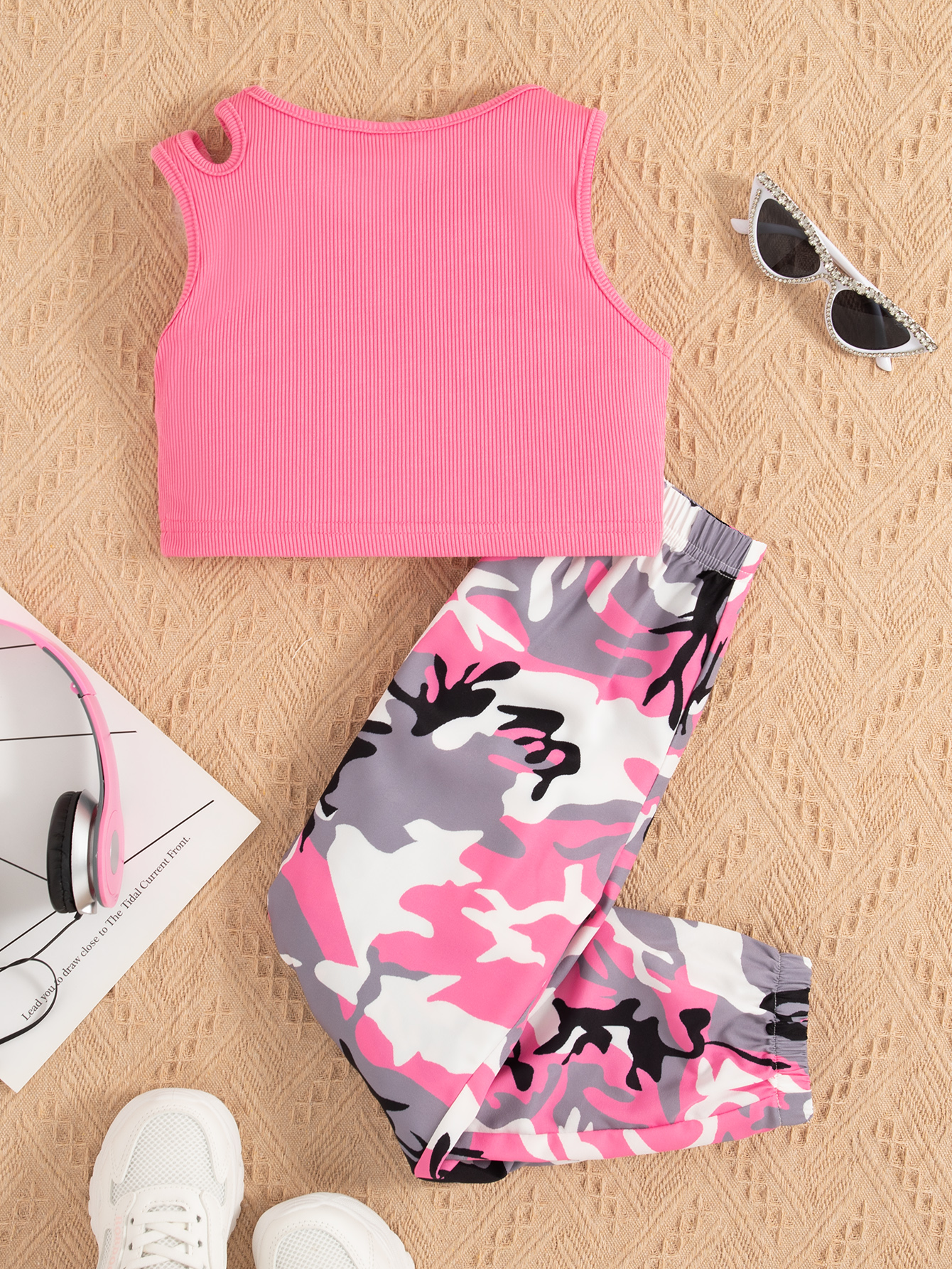 Girl's Summer Outfits Pink Tank Top and Camouflage Crew Pants Sets